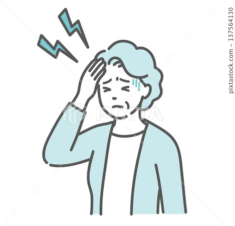 插圖描繪了一位老年婦女（祖母）頭痛發燒的情景。 137564130