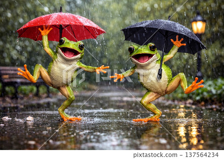 Frog dancing in the rain with an umbrella 137564234