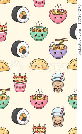 Cute Korean Food Icon Seamless Pattern Background with Kawaii Style Bibimbap Kimchi Ramen Kimbap Dumpling Pastel Cartoon Vector for Textile Packaging Wallpaper Design 137564276