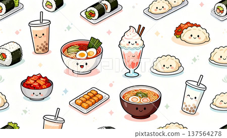 Cute Korean Food Icon Seamless Pattern Background, Kawaii Asian Street Food Illustration, Pastel Cartoon Snack Repeat Design for Fabric, Wallpaper, Textile 137564278