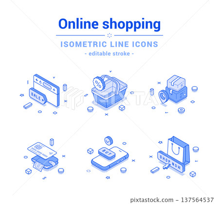Online shopping sale web delivery digital wallet mobile app outline line isometric icon set vector Online shopping sale web delivery digital wallet mobile app outline line isometric icon set vector 137564537