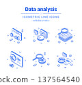 Data analysis statistic business monitoring chart graph outline line isometric icon set vector 137564540