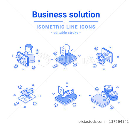 Business solution planning brainstorming analyzing outline line isometric icon set vector 137564541