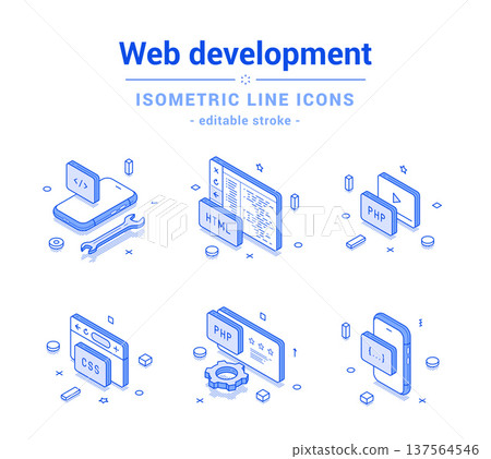 Software web development coding programming outline line isometric icon set vector 137564546
