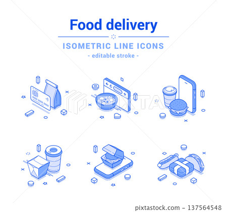 Food delivery online menu restaurant courier service outline line isometric icon set vector Food delivery online menu restaurant courier service outline line isometric icon set vector 137564548