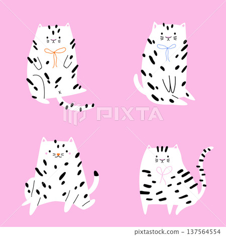 Hand drawn cute white cats set with black spots on pink background Hand drawn cute white cats set with black spots on pink background 137564554