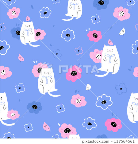 Cute cat and flowers seamless pattern for kids textile 137564561
