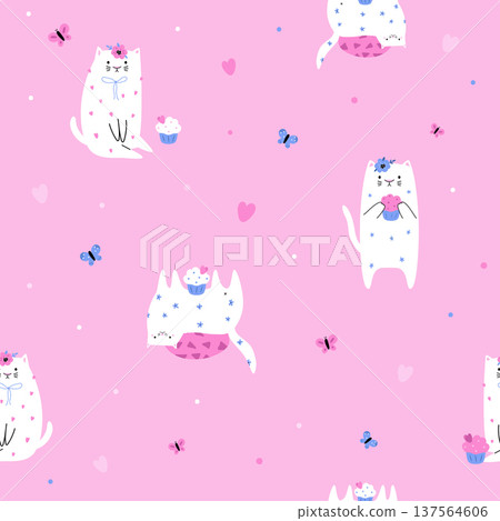 Cute cat and cupcake seamless pattern for kids textile Cute cat and cupcake seamless pattern for kids textile 137564606