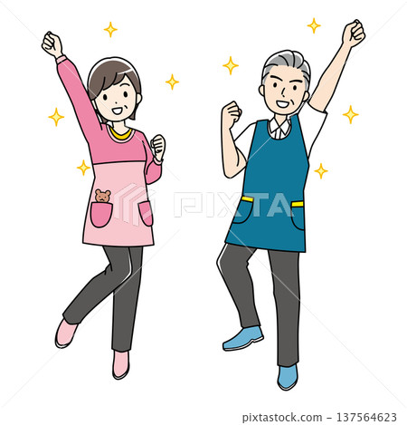 彩色插圖，描繪了一位笑容滿面的老先生和一位身穿圍裙的老太太。 137564623