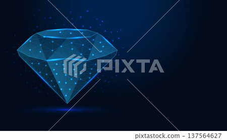 Low poly wireframe diamond gemstone on dark blue background. 137564627