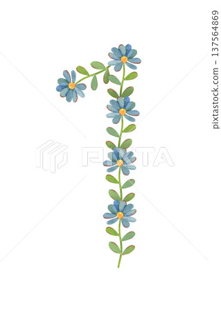 Number one made of small blue flat flowers, watercolor isolated on white background. Perfect for birthday invitations, anniversary designs, baby milestones, greeting cards, posters, festive branding Number one made of small blue flat flowers, watercolor isolated on white background. Perfect for birthday invitations, anniversary designs, baby milestones, greeting cards, posters, festive branding 137564869