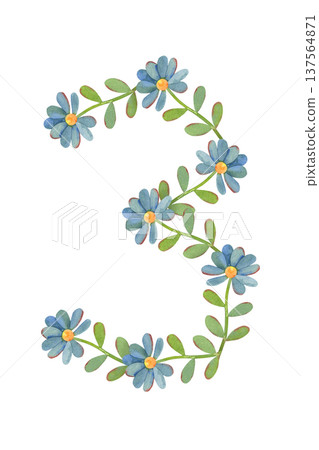 Number three made of small blue flat flowers, watercolor isolated on white background. Perfect for birthday invitations, anniversary designs, baby milestones, greeting cards, posters, festive branding Number three made of small blue flat flowers, watercolor isolated on white background. Perfect for birthday invitations, anniversary designs, baby milestones, greeting cards, posters, festive branding 137564871