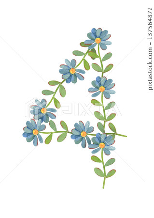 Number four made of small blue flat flowers, watercolor isolated on white background. Perfect for birthday invitations, anniversary designs, baby milestones, greeting cards, posters, festive branding Number four made of small blue flat flowers, watercolor isolated on white background. Perfect for birthday invitations, anniversary designs, baby milestones, greeting cards, posters, festive branding 137564872