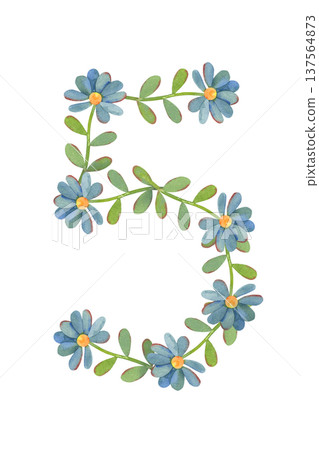 Number five made of small blue flat flowers, watercolor isolated on white background. Perfect for birthday invitations, anniversary designs, baby milestones, greeting cards, posters, festive branding Number five made of small blue flat flowers, watercolor isolated on white background. Perfect for birthday invitations, anniversary designs, baby milestones, greeting cards, posters, festive branding 137564873