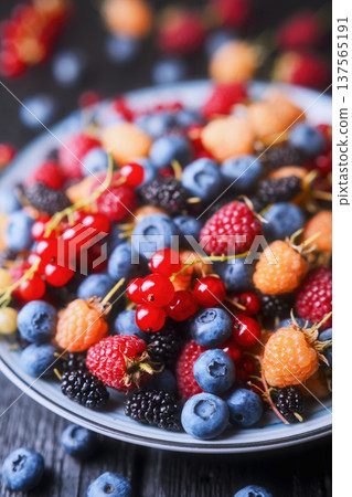 Vertical composition of assorted berries in ceramic bowl 137565191