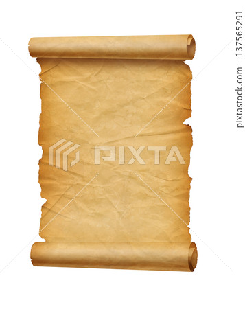 Old crumpled mediaeval Parchment paper scroll isolated on white Old crumpled mediaeval Parchment paper scroll isolated on white 137565291