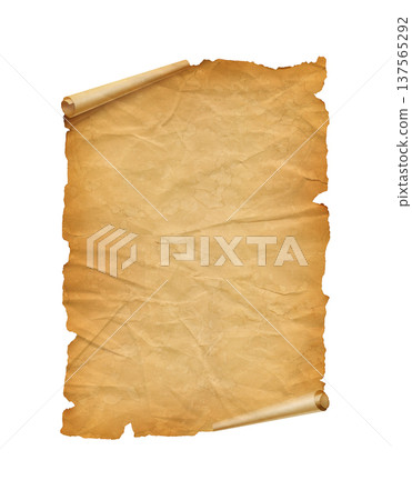 Old crumpled mediaeval Parchment paper scroll isolated on white Old crumpled mediaeval Parchment paper scroll isolated on white 137565292