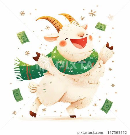 Cute goat dances joyfully while wearing a green scarf and surrounded by dollar bills during a festive celebration Cute goat dances joyfully while wearing a green scarf and surrounded by dollar bills during a festive celebration 137565352