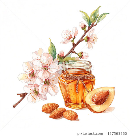 Honey jar sits next to almond with fruit and flower branch during spring Honey jar sits next to almond with fruit and flower branch during spring 137565360