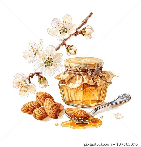 Honey jar with almonds and cherry blossom branch on a simple white background in a natural setting at daytime 137565376