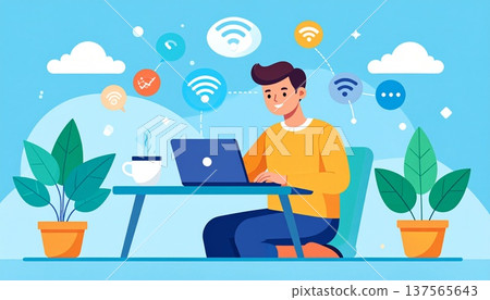 Freelance work from home communicating online on a laptop 137565643