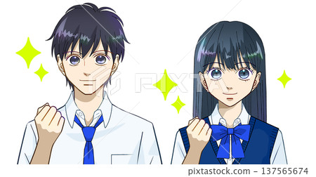 Anime-style illustration of male and female high school or junior high school students in summer clothes posing with a positive expression, white background Anime-style illustration of male and female high school or junior high school students in summer clothes posing with a positive expression, white background 137565674