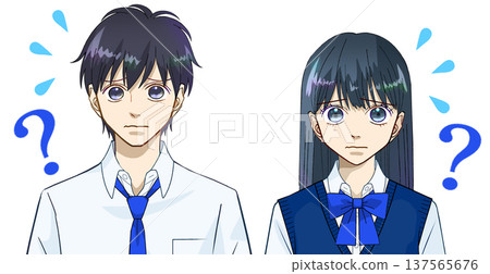 動漫風格的插畫，描繪了穿著夏裝的高中或初中男女學生，他們顯得茫然不知所措、困惑或焦慮不安，背景為白色。 137565676