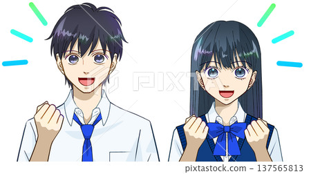 動漫風格的插畫，描繪了一男一女高中生或國中生身著夏裝，面帶微笑，握拳慶祝，背景為白色。 137565813