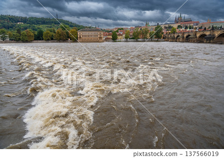 Flood in Prague. View of Prague Castle across the flooding river Vltava, Prague 137566019