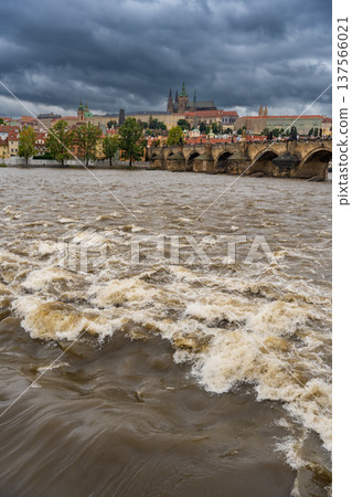 Flood in Prague. View of Prague Castle across the flooding river Vltava, Prague 137566021