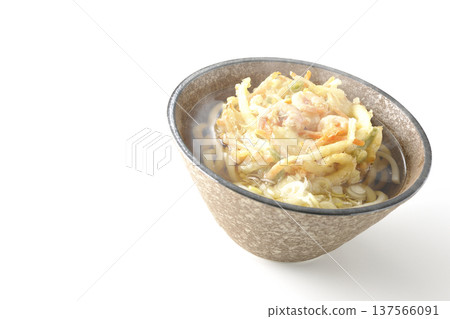 Hot shrimp and vegetable tempura udon noodles photographed on a white background Hot shrimp and vegetable tempura udon noodles photographed on a white background 137566091