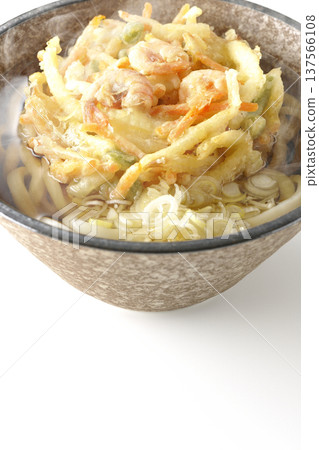 Hot shrimp and vegetable tempura udon noodles photographed on a white background Hot shrimp and vegetable tempura udon noodles photographed on a white background 137566108