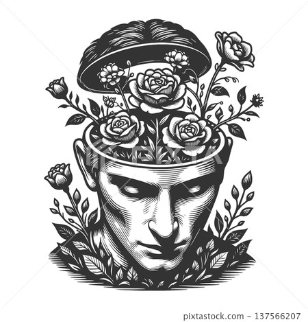 Open Human Head with Blooming Roses raster Open Human Head with Blooming Roses raster 137566207