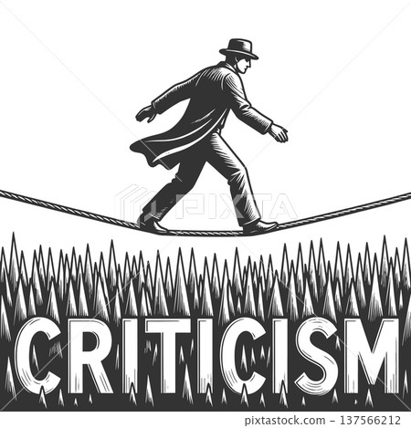Man Walking Tightrope Above Sharp Criticism Spikes 137566212