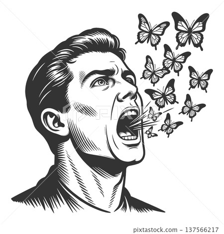 Surreal Man Releasing Butterflies From Open Mouth Surreal Man Releasing Butterflies From Open Mouth 137566217