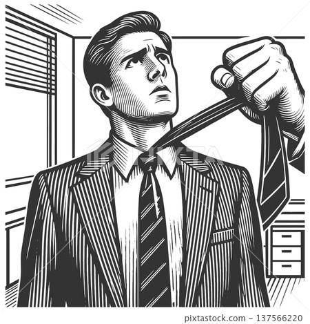 Stressed Businessman Pulling Tie in Office vector 137566220