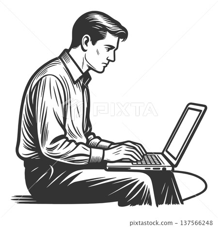 Businessman Working on Laptop Focused Productivity Businessman Working on Laptop Focused Productivity 137566248