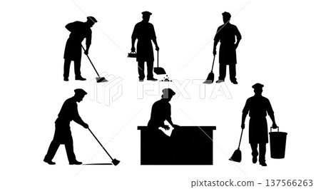 Black Solid Bakers Sweeping Floor Set of Six on White Background Black Solid Bakers Sweeping Floor Set of Six on White Background 137566263