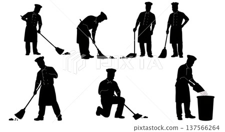 Black Solid Bakers Sweeping Floor Set of Six on White Background Black Solid Bakers Sweeping Floor Set of Six on White Background 137566264