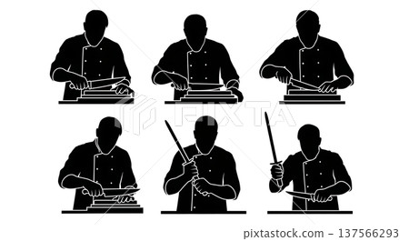 Black Solid Bakers Sharpening Knives Set of Six on White Background Black Solid Bakers Sharpening Knives Set of Six on White Background 137566293