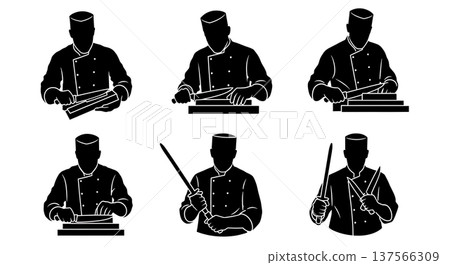 Black Solid Bakers Sharpening Knives Set of Six on White Background Black Solid Bakers Sharpening Knives Set of Six on White Background 137566309