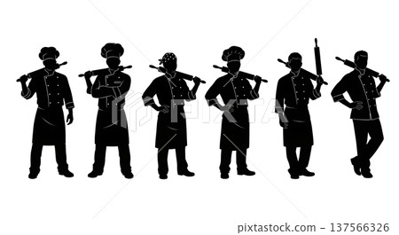 Black Solid Bakers with Rolling Pins on Shoulders Set of Six on White Background 137566326