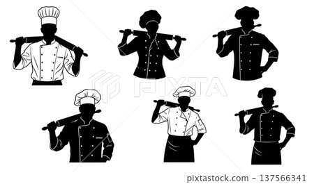 Black Solid Bakers with Rolling Pins on Shoulders Set of Six on White Background 137566341