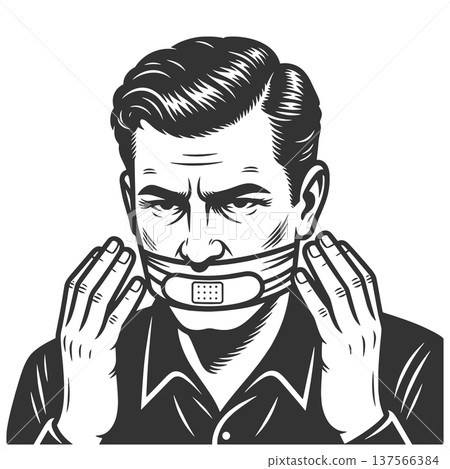 Man Covering Mouth With Cloth Symbolizing Silence Man Covering Mouth With Cloth Symbolizing Silence 137566384