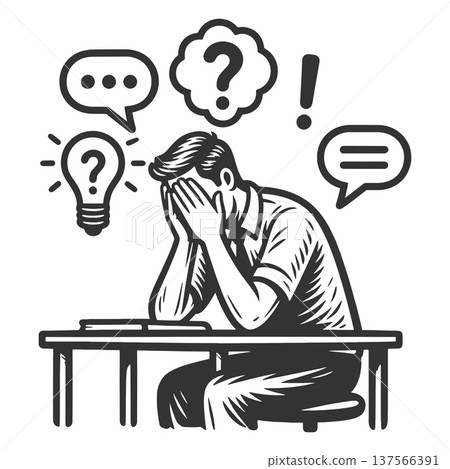 Stressed Man Thinking at Desk With Questions Stressed Man Thinking at Desk With Questions 137566391