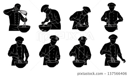Black Solid Bakers Whisking Batter Set of Six on White Background Black Solid Bakers Whisking Batter Set of Six on White Background 137566406