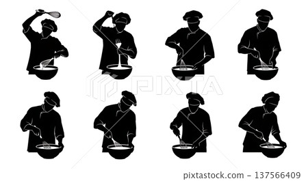 Black Solid Bakers Whisking Batter Set of Six on White Background Black Solid Bakers Whisking Batter Set of Six on White Background 137566409