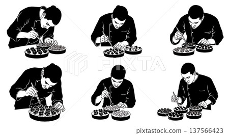 Black Solid Bakers Placing Edible Flowers Set of Six on White Background 137566423
