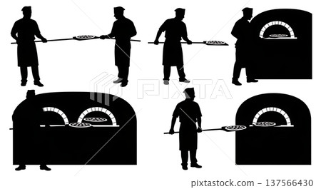 Black Solid Bakers Using Pizza Peels Set of Six on White Background Black Solid Bakers Using Pizza Peels Set of Six on White Background 137566430