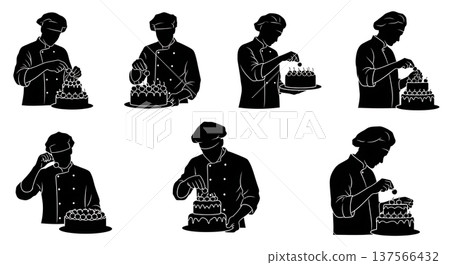 Black Solid Bakers Placing Cherries on Cakes Set of Six on White Background Black Solid Bakers Placing Cherries on Cakes Set of Six on White Background 137566432